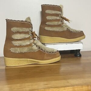 Vintage 70s Snowland Faux Fur Boots Size 8 Sherpa Lined Lace Up Retro Winter